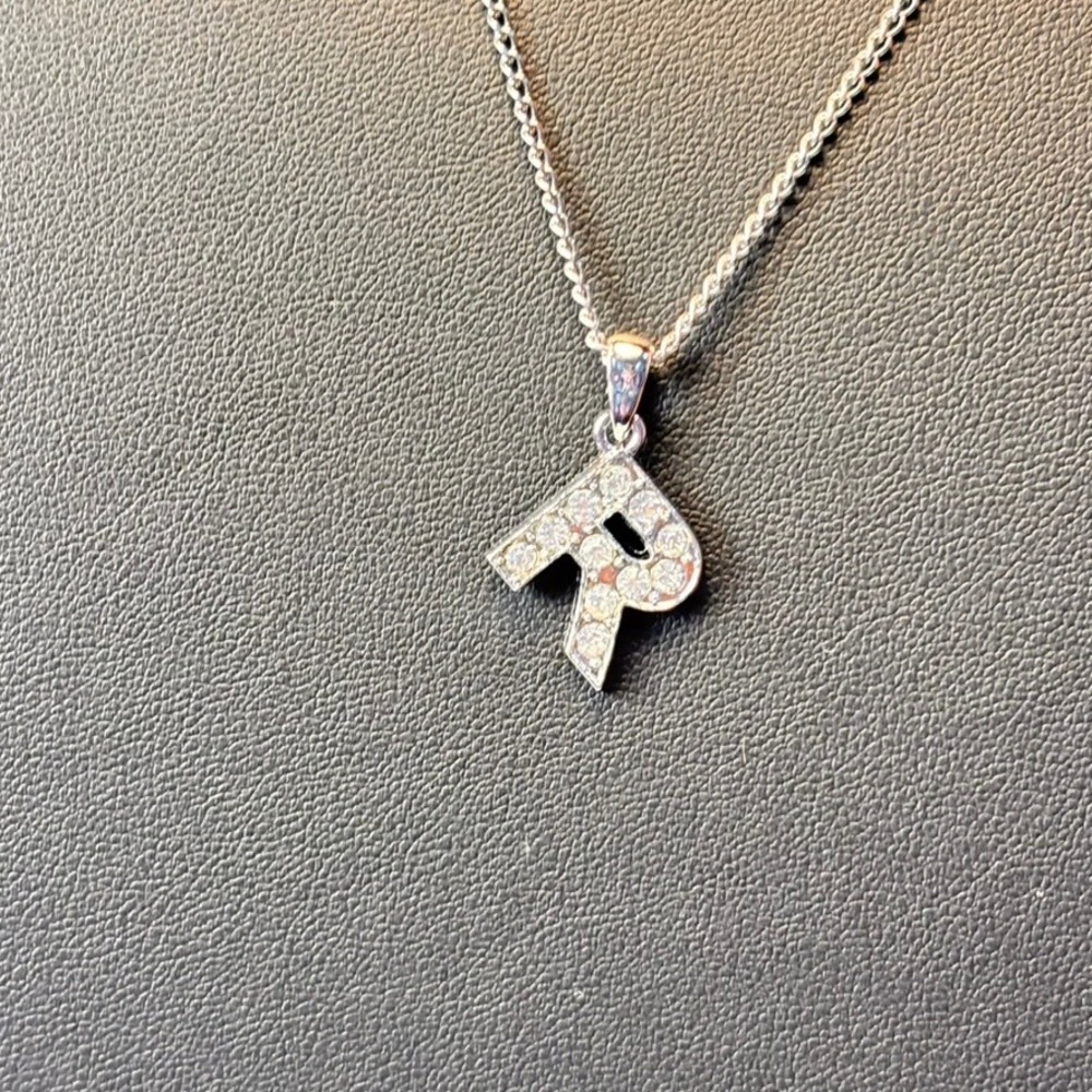 Initial R Necklace Silver Tone Rhinestone Letter Pendant Y2K Back to School